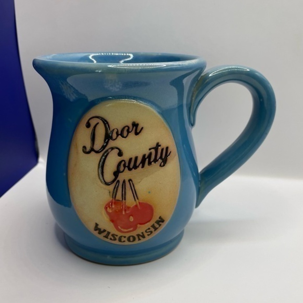 Door County 🍒 Wisconsin Collectible Pottery Mug in Serene Blue w/ Cherries